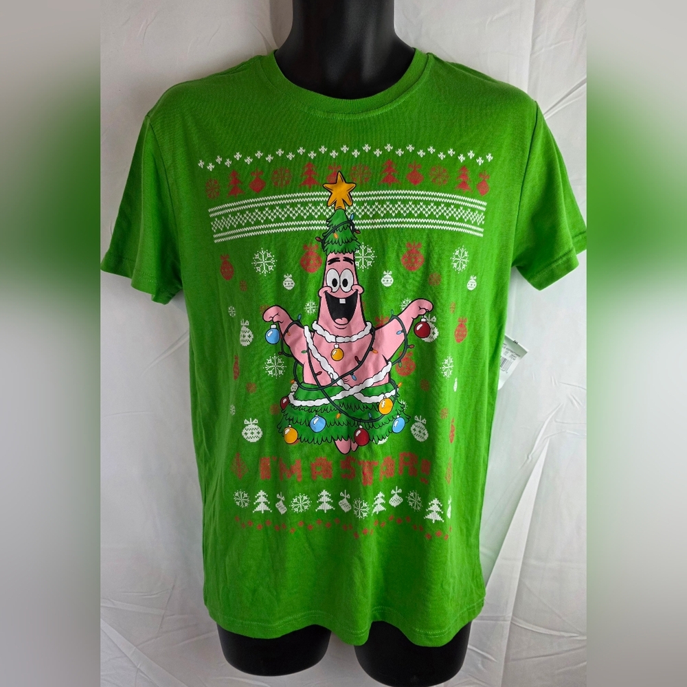 Nickelodeon Men's Green T-Shirt Sponge Bob Patrick Christmas NWT Size M BA-2802